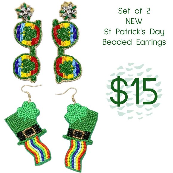 NEW SET OF 2 PAIRS St Patrick's Day Seed Beaded Holiday Celebration Earrings - Picture 1 of 3
